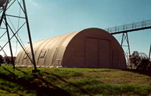 California Medium Shelter System at U.S. Army Aberdeen Proving Grounds during high wind and rain tests.